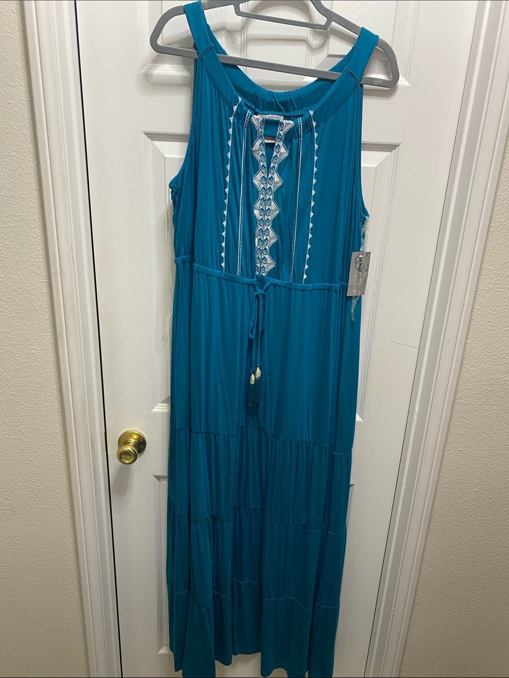 Catherines Teal Embroidered Tie-Waist Maxi Dress